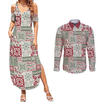 Mele Kalikimaka Hawaii Christmas Couples Matching Summer Maxi Dress and Long Sleeve Button Shirt Aloha Spirit with Hawaiian Quilt Pattern - Polynesian Pride