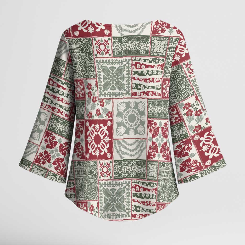 Mele Kalikimaka Hawaii Christmas Kimono Sleeve Blouse Aloha Spirit with Hawaiian Quilt Pattern - Polynesian Pride