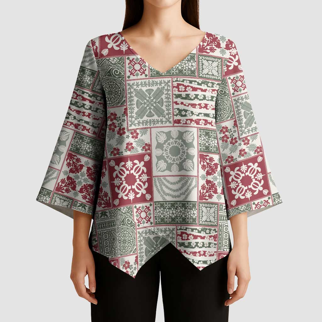 Mele Kalikimaka Hawaii Christmas Kimono Sleeve Blouse Aloha Spirit with Hawaiian Quilt Pattern - Polynesian Pride