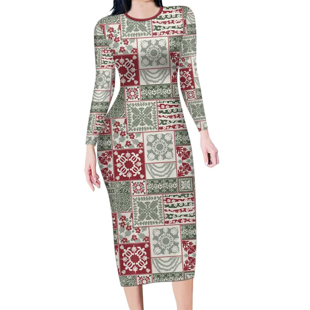 Mele Kalikimaka Hawaii Christmas Long Sleeve Bodycon Dress Aloha Spirit with Hawaiian Quilt Pattern - Polynesian Pride