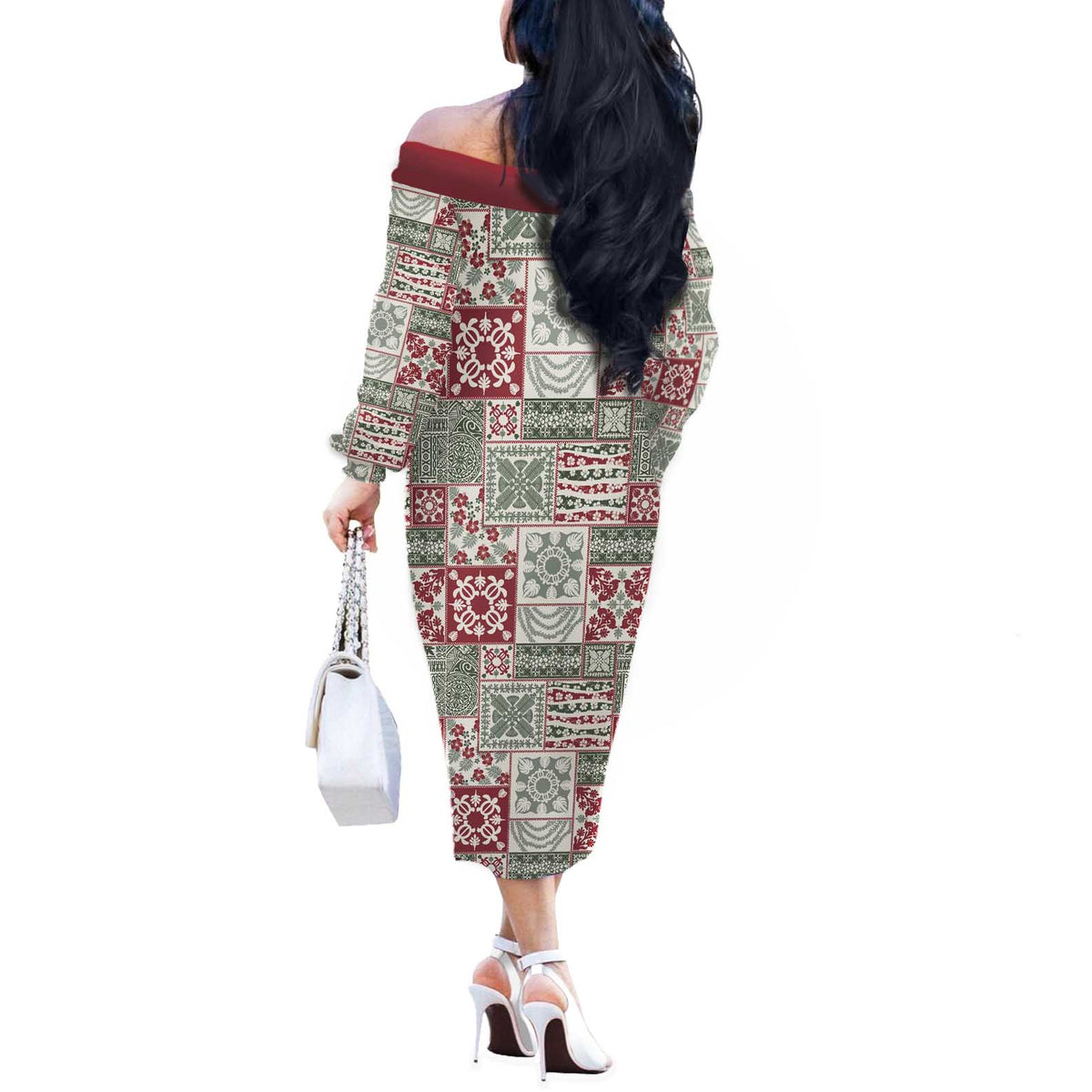 Mele Kalikimaka Hawaii Christmas Off The Shoulder Long Sleeve Dress Aloha Spirit with Hawaiian Quilt Pattern - Polynesian Pride