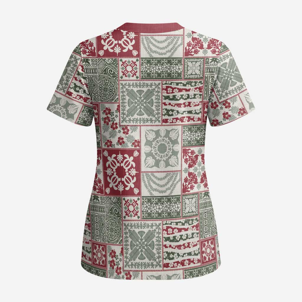 Mele Kalikimaka Hawaii Christmas Scrub Top Aloha Spirit with Hawaiian Quilt Pattern - Polynesian Pride