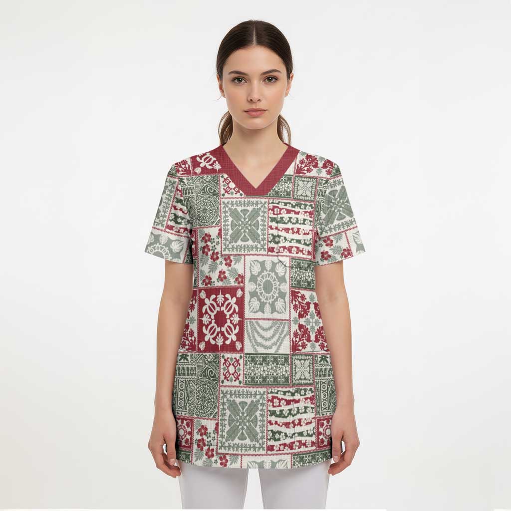 Mele Kalikimaka Hawaii Christmas Scrub Top Aloha Spirit with Hawaiian Quilt Pattern - Polynesian Pride