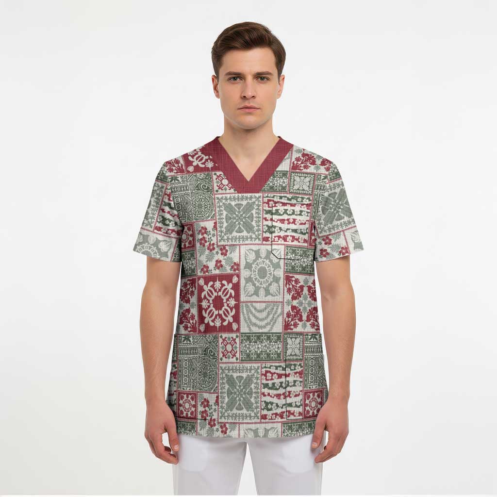 Mele Kalikimaka Hawaii Christmas Scrub Top Aloha Spirit with Hawaiian Quilt Pattern - Polynesian Pride