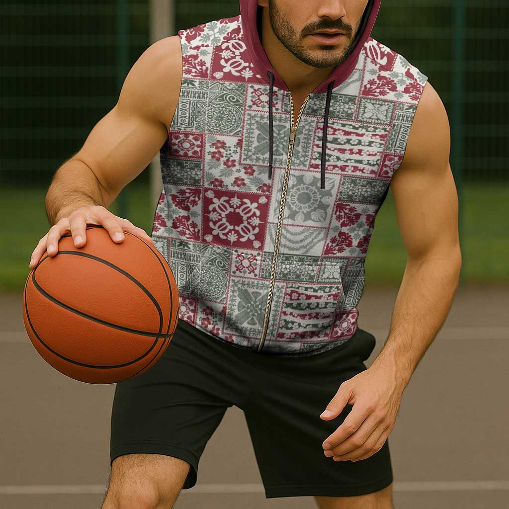 Mele Kalikimaka Hawaii Christmas Sleeveless Zip Hoodie Aloha Spirit with Hawaiian Quilt Pattern - Polynesian Pride