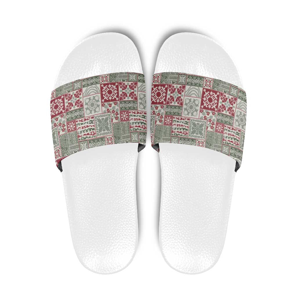 Mele Kalikimaka Hawaii Christmas Slide Sandals Aloha Spirit with Hawaiian Quilt Pattern - Polynesian Pride