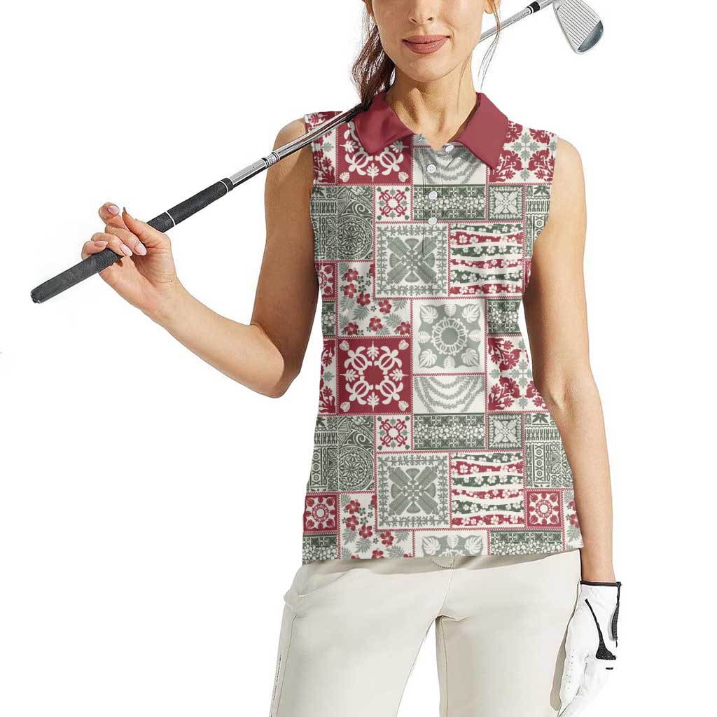Mele Kalikimaka Hawaii Christmas Women Sleeveless Polo Shirt Aloha Spirit with Hawaiian Quilt Pattern - Polynesian Pride