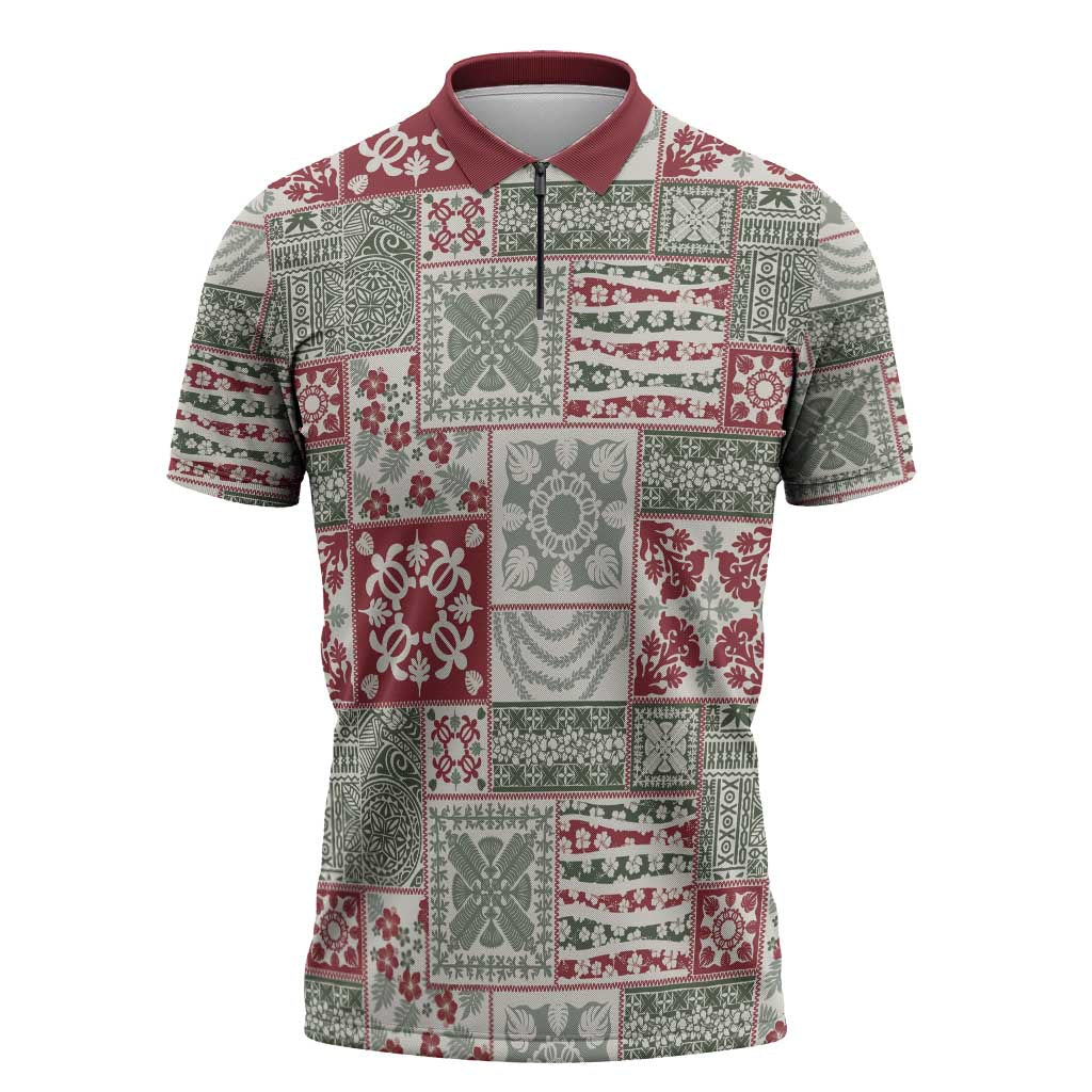 Mele Kalikimaka Hawaii Christmas Zipper Polo Shirt Aloha Spirit with Hawaiian Quilt Pattern - Polynesian Pride