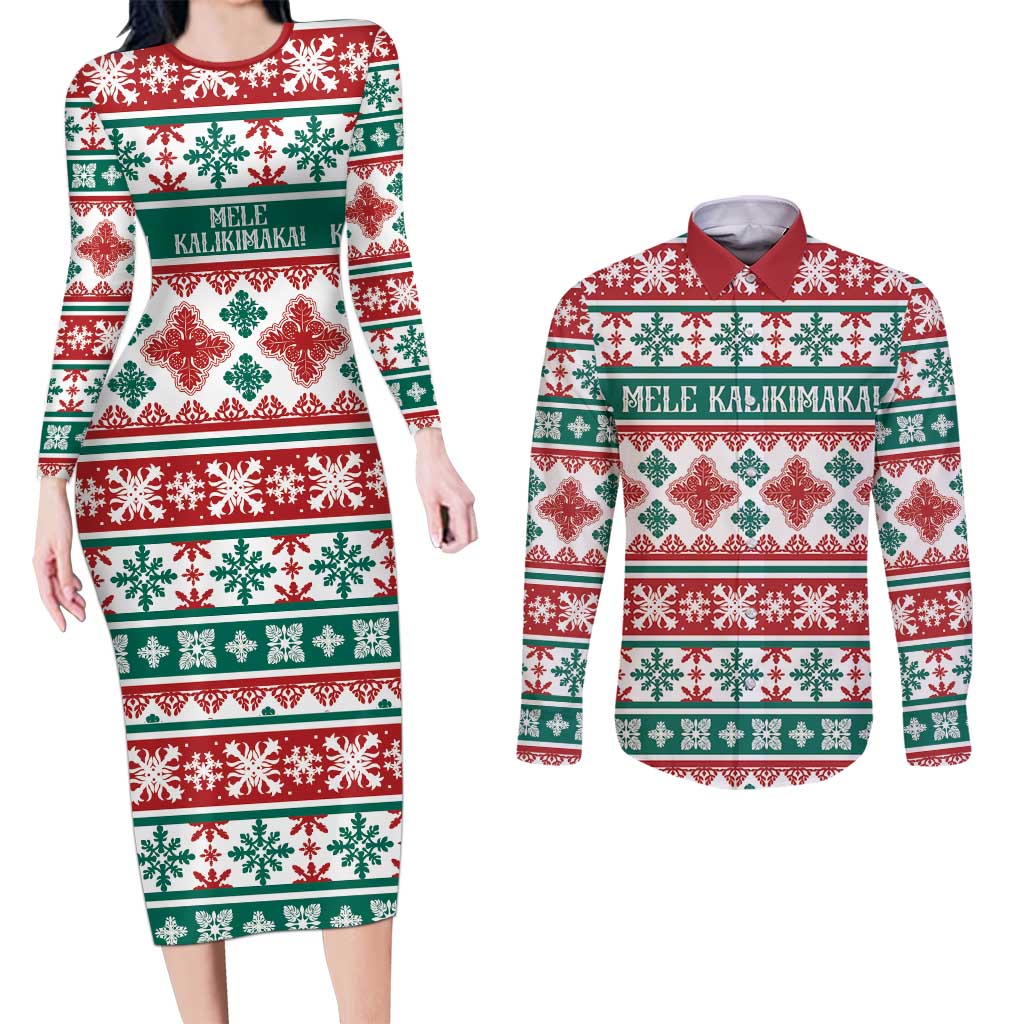 Mele Kalikimaka Hawaii Christmas Couples Matching Long Sleeve Bodycon Dress and Long Sleeve Button Shirt Hawaiian Quilt Pattern Style - Polynesian Pride
