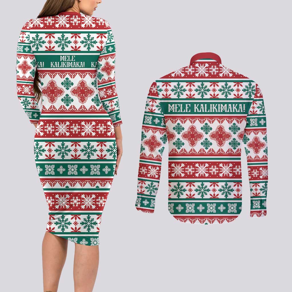 Mele Kalikimaka Hawaii Christmas Couples Matching Long Sleeve Bodycon Dress and Long Sleeve Button Shirt Hawaiian Quilt Pattern Style - Polynesian Pride