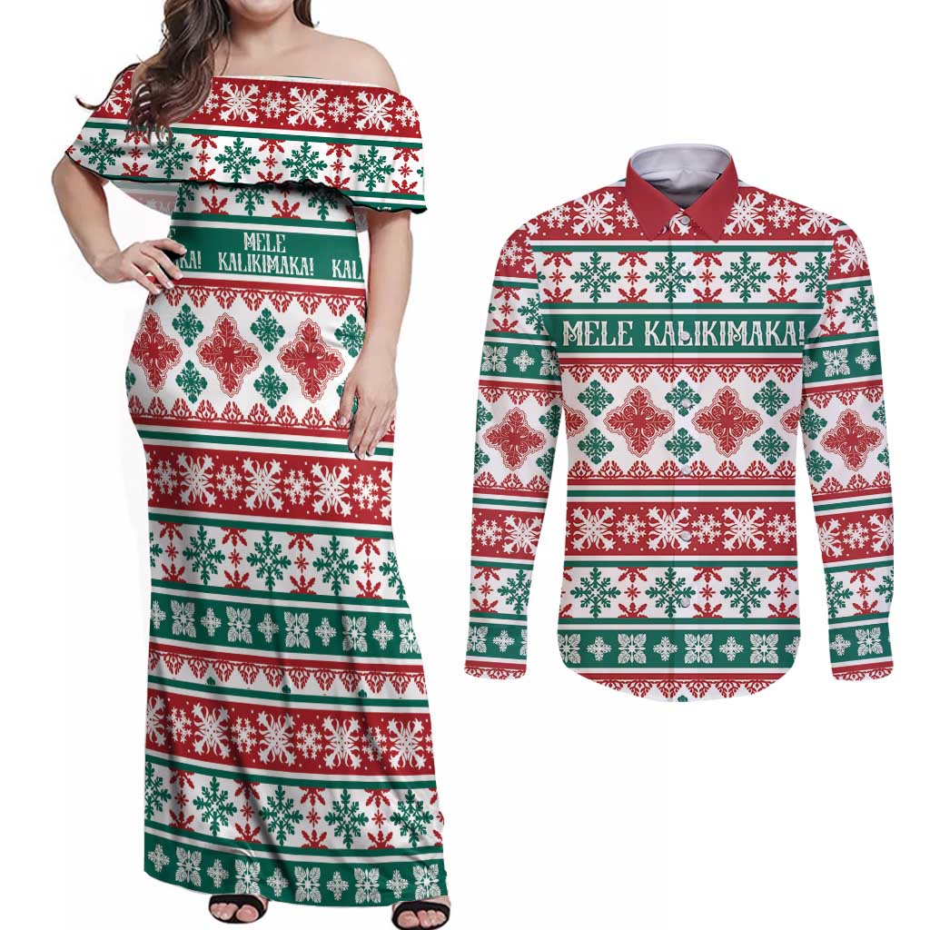 Mele Kalikimaka Hawaii Christmas Couples Matching Off Shoulder Maxi Dress and Long Sleeve Button Shirt Hawaiian Quilt Pattern Style - Polynesian Pride