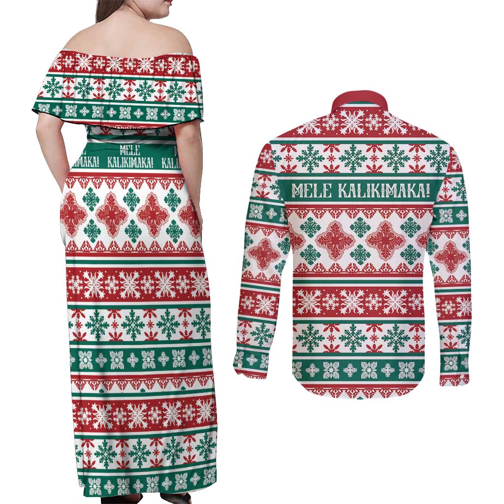 Mele Kalikimaka Hawaii Christmas Couples Matching Off Shoulder Maxi Dress and Long Sleeve Button Shirt Hawaiian Quilt Pattern Style - Polynesian Pride