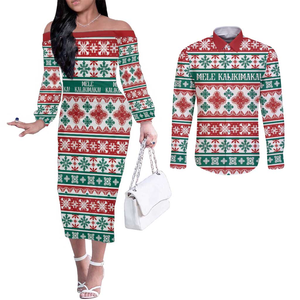 Mele Kalikimaka Hawaii Christmas Couples Matching Off The Shoulder Long Sleeve Dress and Long Sleeve Button Shirt Hawaiian Quilt Pattern Style - Polynesian Pride