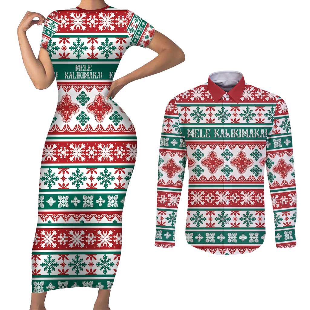 Mele Kalikimaka Hawaii Christmas Couples Matching Short Sleeve Bodycon Dress and Long Sleeve Button Shirt Hawaiian Quilt Pattern Style - Polynesian Pride