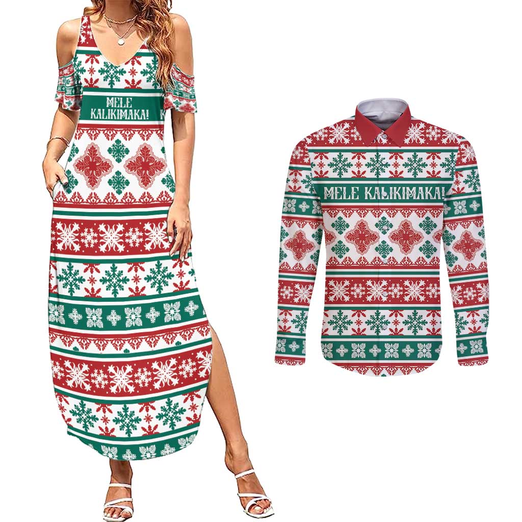 Mele Kalikimaka Hawaii Christmas Couples Matching Summer Maxi Dress and Long Sleeve Button Shirt Hawaiian Quilt Pattern Style - Polynesian Pride