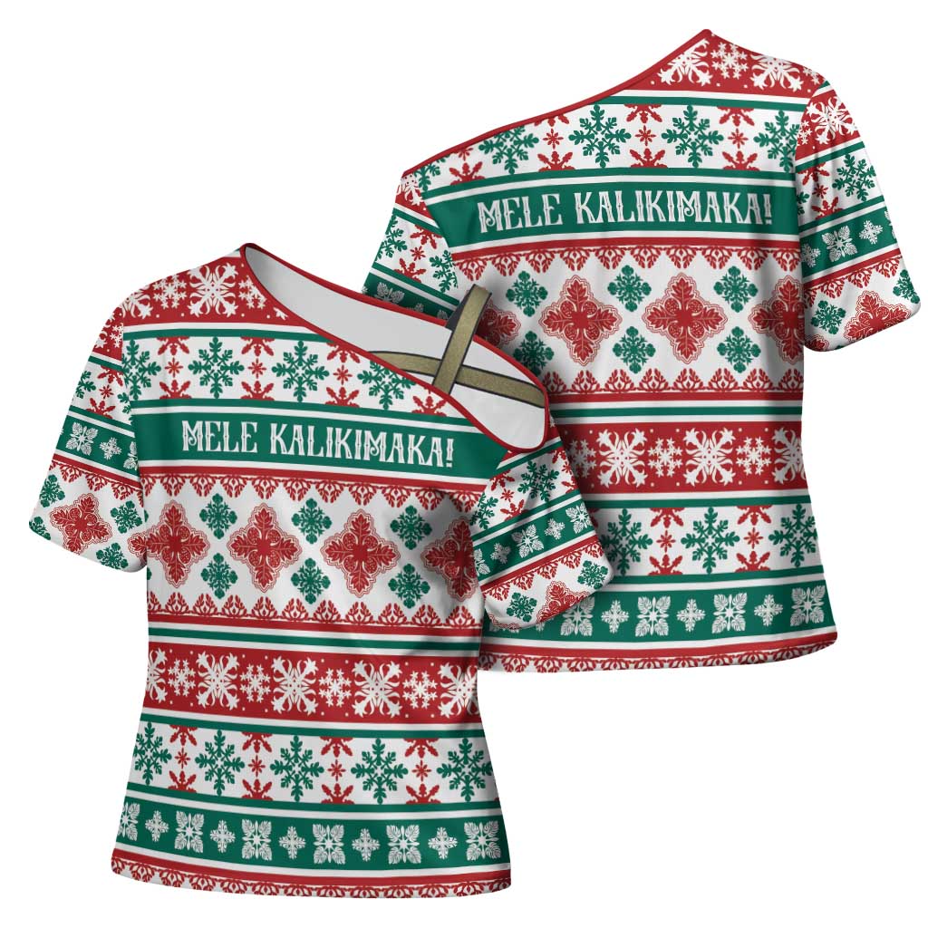 Mele Kalikimaka Hawaii Christmas Cross Shoulder Shirt Hawaiian Quilt Pattern Style - Polynesian Pride