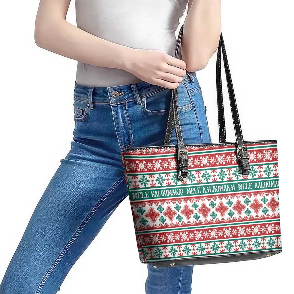 Mele Kalikimaka Hawaii Christmas Leather Tote Bag Hawaiian Quilt Pattern Style - Polynesian Pride