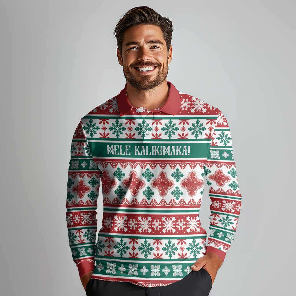 Mele Kalikimaka Hawaii Christmas Long Sleeve Polo Shirt Hawaiian Quilt Pattern Style - Polynesian Pride