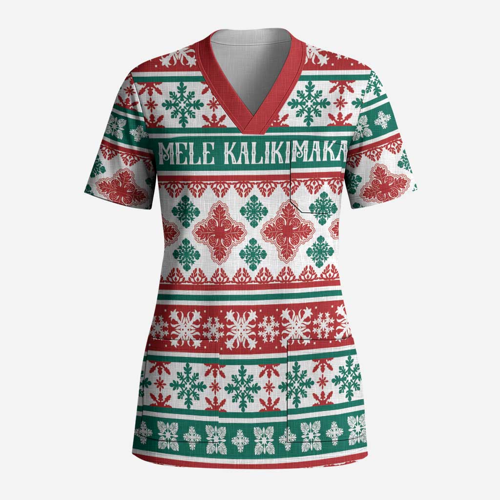 Mele Kalikimaka Hawaii Christmas Scrub Top Hawaiian Quilt Pattern Style - Polynesian Pride