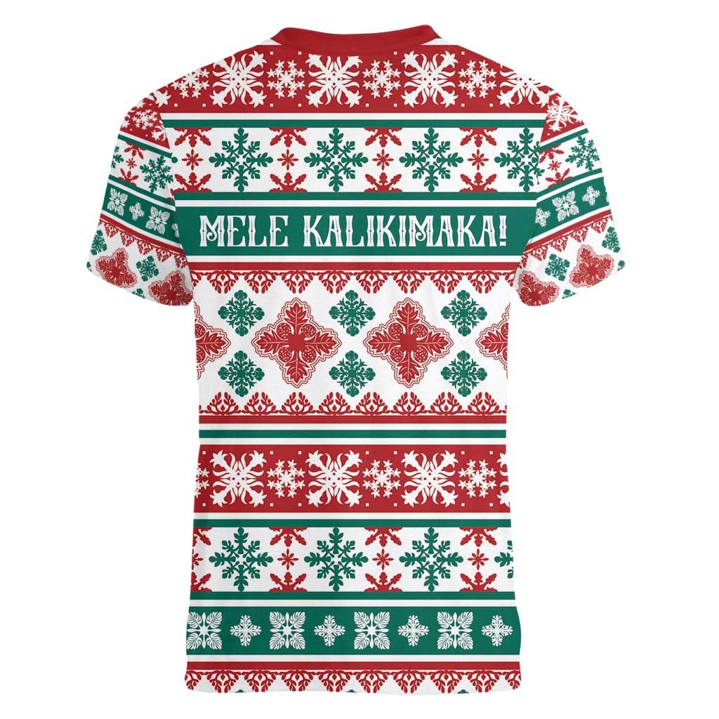Mele Kalikimaka Hawaii Christmas Women V-Neck T-Shirt Hawaiian Quilt Pattern Style - Polynesian Pride
