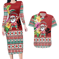 Santa Surf Mele Kalikimaka Personalized Couples Matching Long Sleeve Bodycon Dress and Hawaiian Shirt Aloha Tropical Christmas Vibes - Polynesian Pride