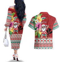 Santa Surf Mele Kalikimaka Personalized Couples Matching Off The Shoulder Long Sleeve Dress and Hawaiian Shirt Aloha Tropical Christmas Vibes - Polynesian Pride