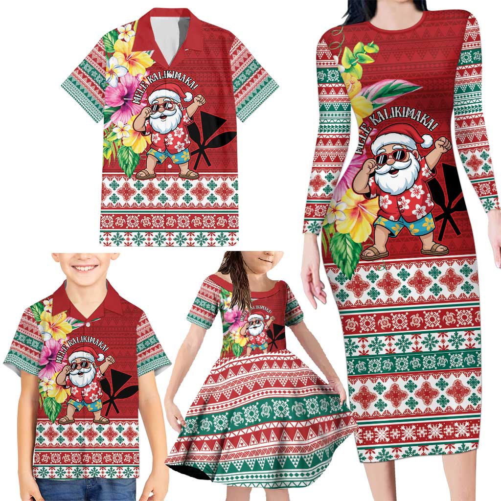 Santa Surf Mele Kalikimaka Personalized Family Matching Long Sleeve Bodycon Dress and Hawaiian Shirt Aloha Tropical Christmas Vibes - Polynesian Pride