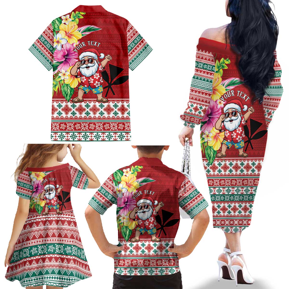 Santa Surf Mele Kalikimaka Personalized Family Matching Off The Shoulder Long Sleeve Dress and Hawaiian Shirt Aloha Tropical Christmas Vibes - Polynesian Pride