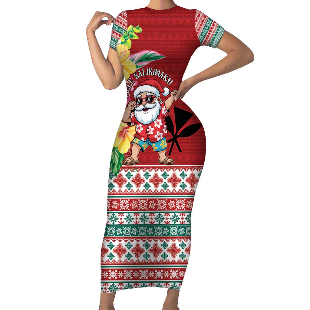 Santa Surf Mele Kalikimaka Personalized Short Sleeve Bodycon Dress Aloha Tropical Christmas Vibes - Polynesian Pride