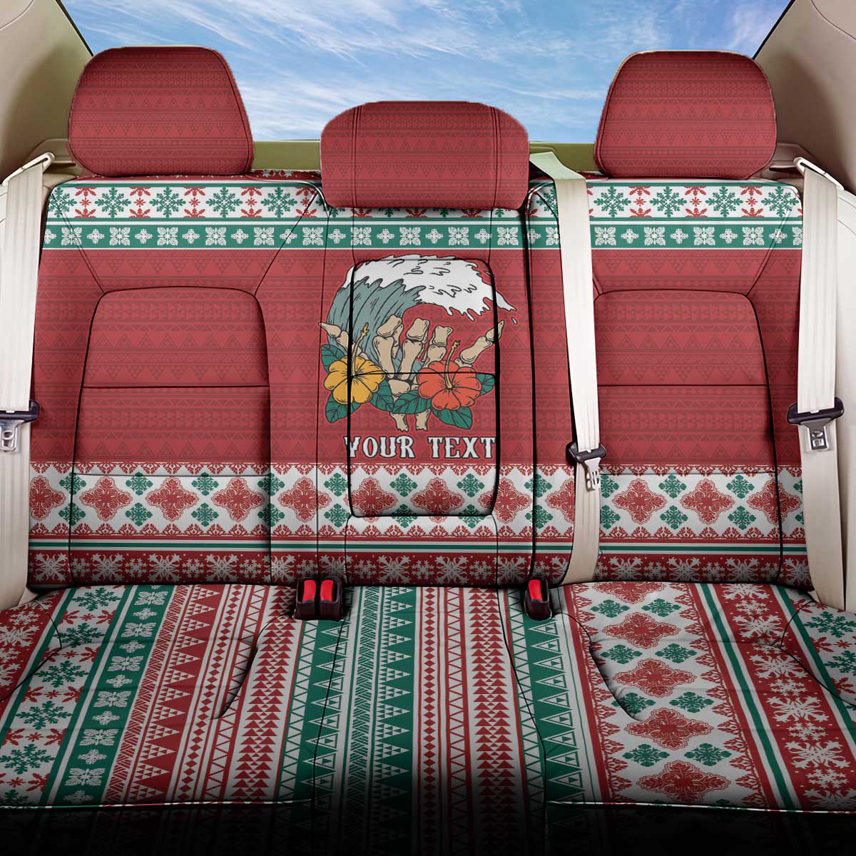 Shaka Sign Skull Mele Kalikimaka Personalized Back Car Seat Cover Hawaiian Quilt Pattern - Polynesian Pride