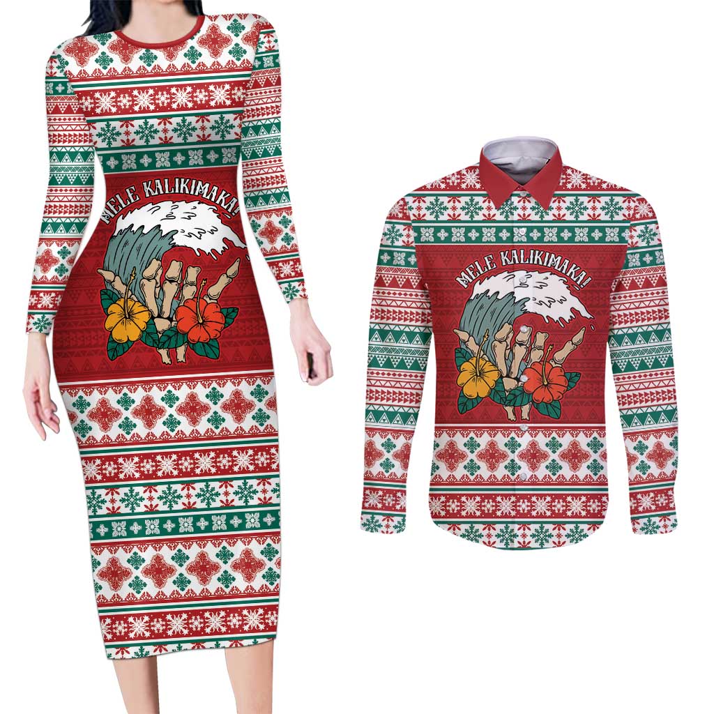 Shaka Sign Skull Mele Kalikimaka Personalized Couples Matching Long Sleeve Bodycon Dress and Long Sleeve Button Shirt Hawaiian Quilt Pattern - Polynesian Pride