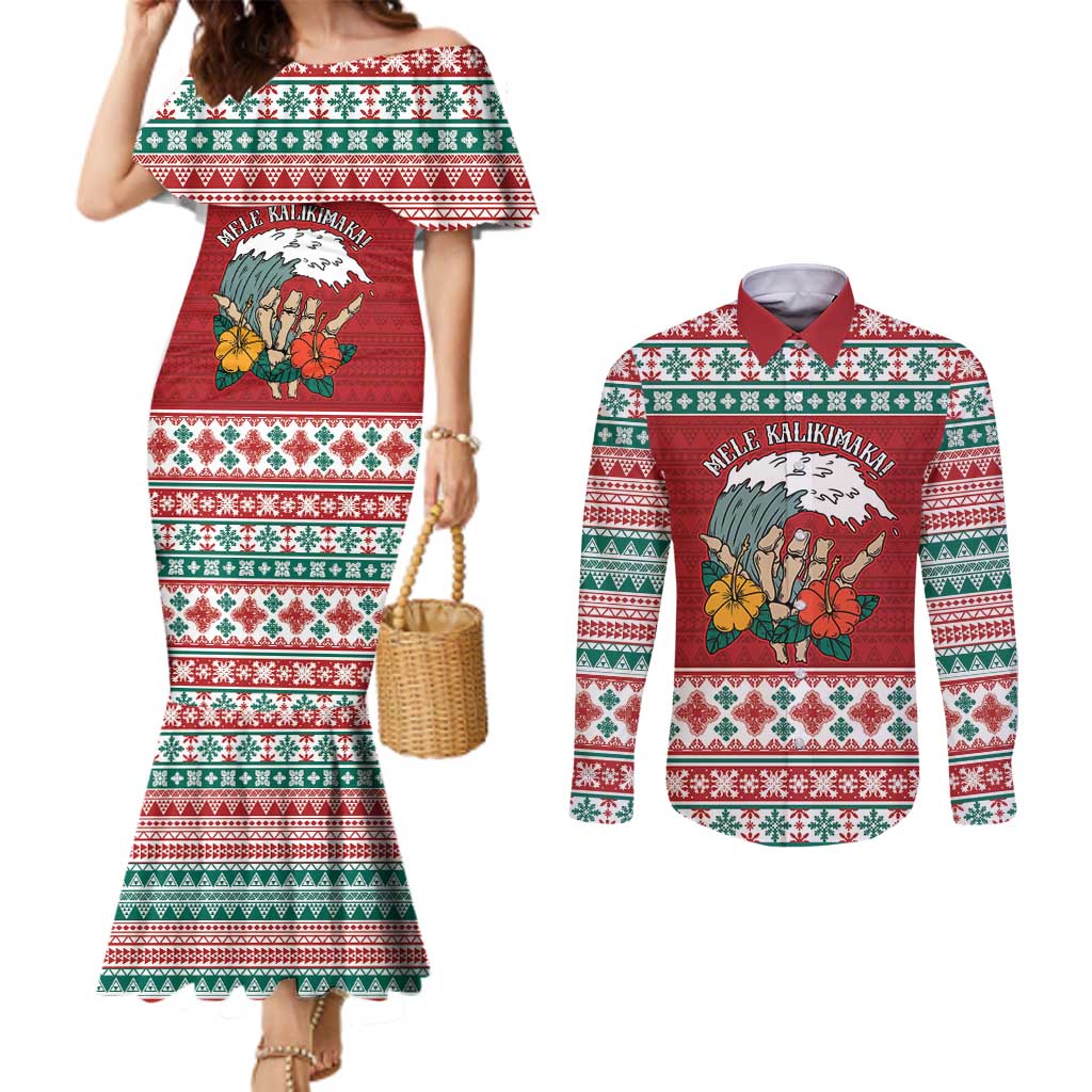 Shaka Sign Skull Mele Kalikimaka Personalized Couples Matching Mermaid Dress and Long Sleeve Button Shirt Hawaiian Quilt Pattern - Polynesian Pride