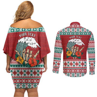 Shaka Sign Skull Mele Kalikimaka Personalized Couples Matching Off Shoulder Short Dress and Long Sleeve Button Shirt Hawaiian Quilt Pattern - Polynesian Pride