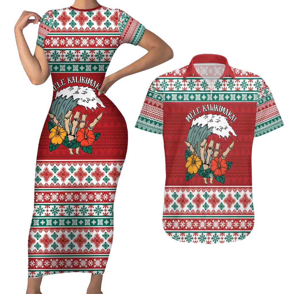 Shaka Sign Skull Mele Kalikimaka Personalized Couples Matching Short Sleeve Bodycon Dress and Hawaiian Shirt Hawaiian Quilt Pattern - Polynesian Pride