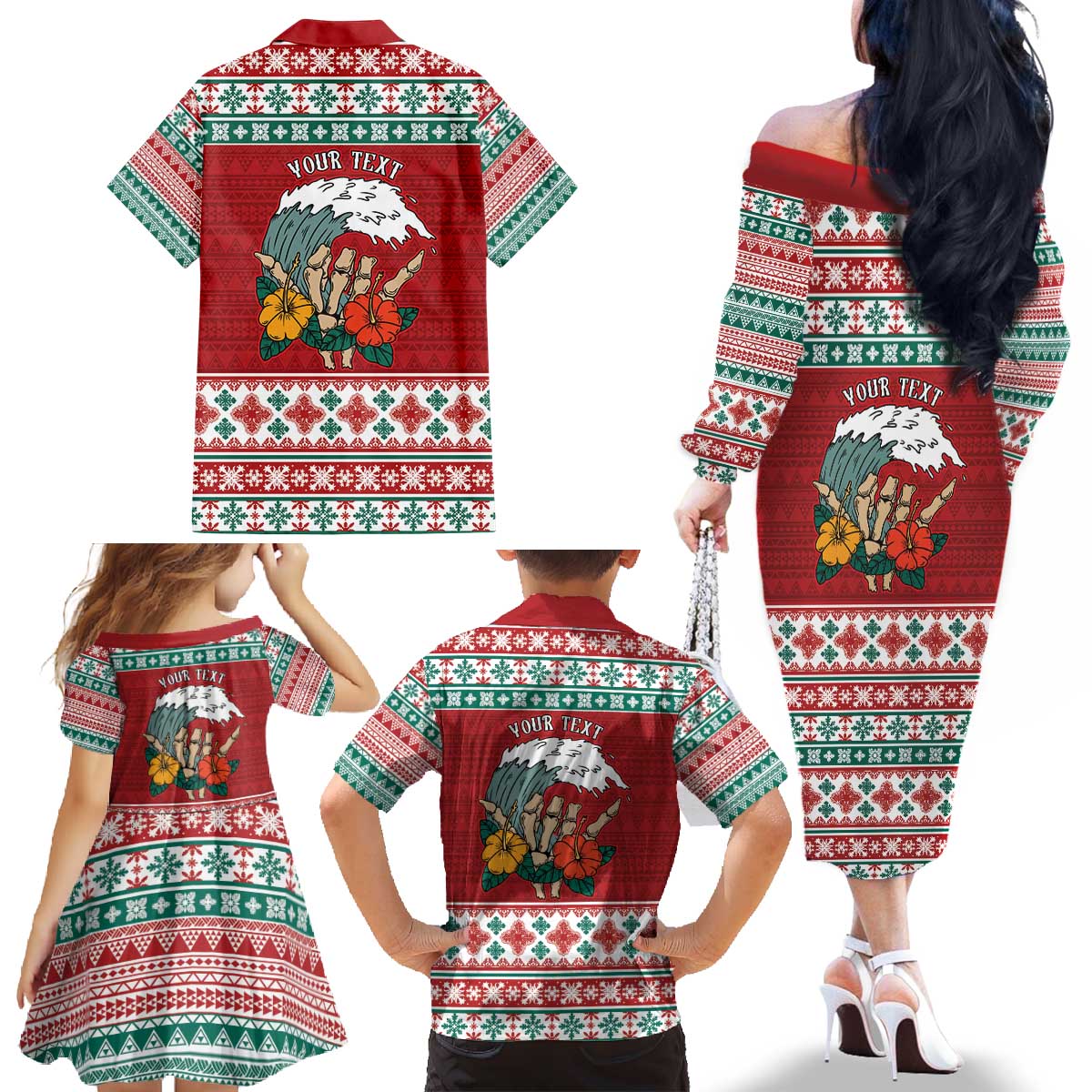 Shaka Sign Skull Mele Kalikimaka Personalized Family Matching Off The Shoulder Long Sleeve Dress and Hawaiian Shirt Hawaiian Quilt Pattern - Polynesian Pride