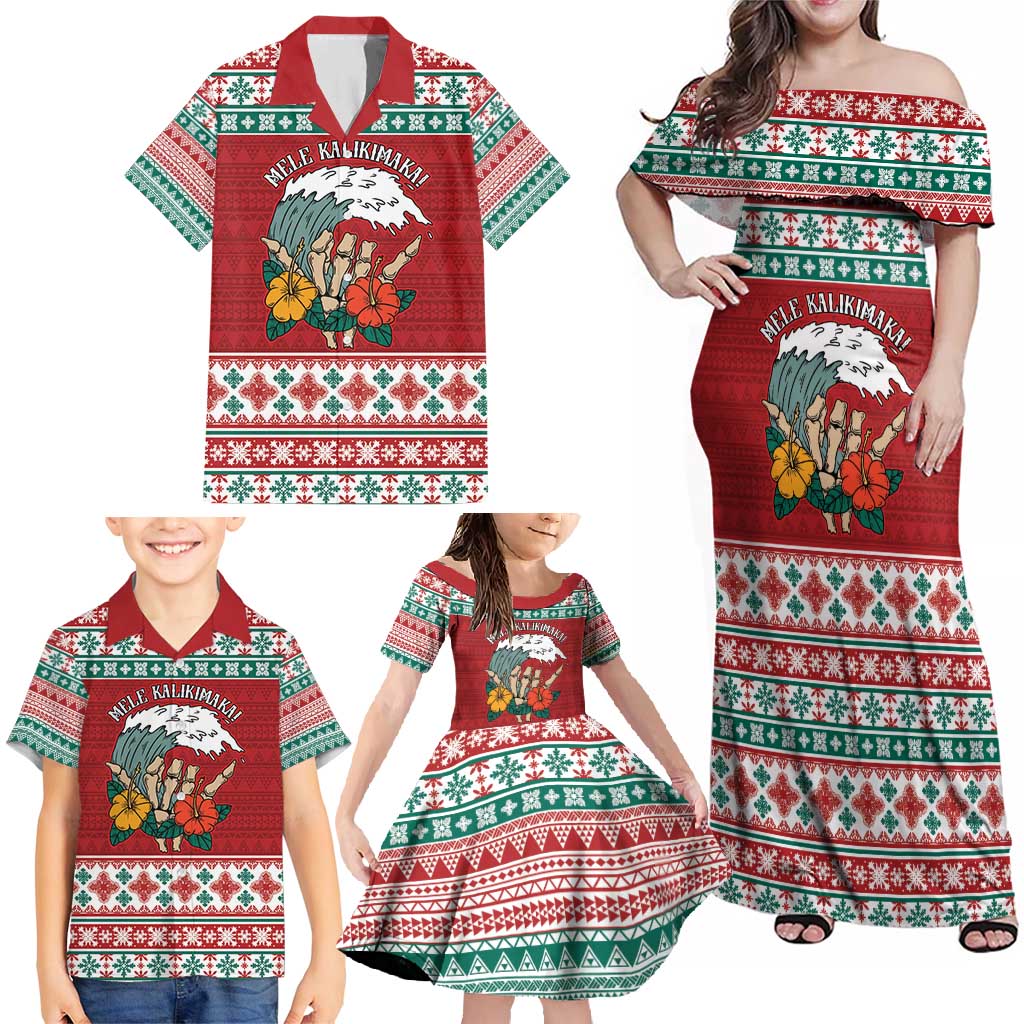 Shaka Sign Skull Mele Kalikimaka Personalized Family Matching Off Shoulder Maxi Dress and Hawaiian Shirt Hawaiian Quilt Pattern - Polynesian Pride