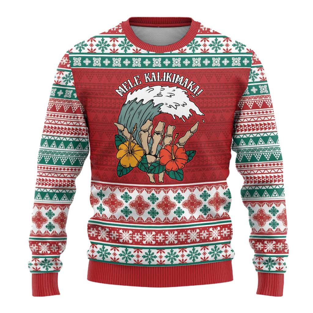 Shaka Sign Skull Mele Kalikimaka Personalized Ugly Christmas Sweater Hawaiian Quilt Pattern - Polynesian Pride