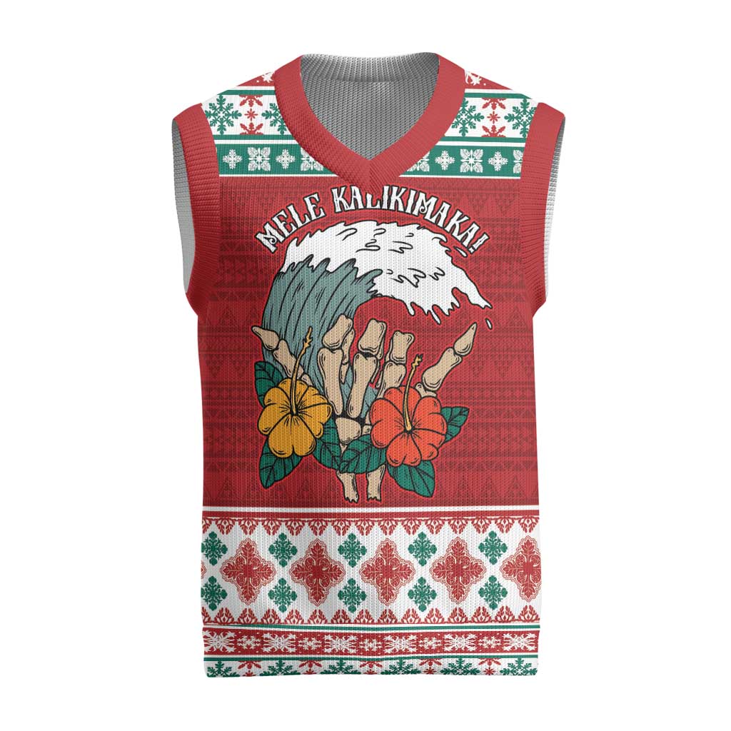 Shaka Sign Skull Mele Kalikimaka Personalized Christmas Knitted V-Neck Vest Hawaiian Quilt Pattern - Polynesian Pride
