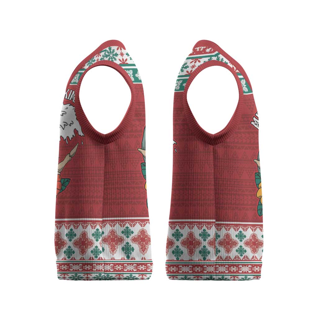 Shaka Sign Skull Mele Kalikimaka Personalized Christmas Knitted V-Neck Vest Hawaiian Quilt Pattern - Polynesian Pride