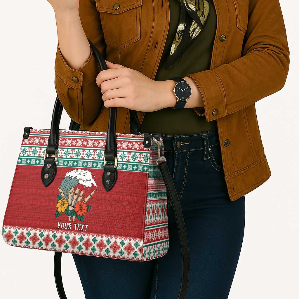 Shaka Sign Skull Mele Kalikimaka Personalized Leather Bag Hawaiian Quilt Pattern - Polynesian Pride