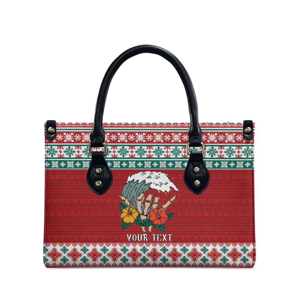 Shaka Sign Skull Mele Kalikimaka Personalized Leather Bag Hawaiian Quilt Pattern - Polynesian Pride