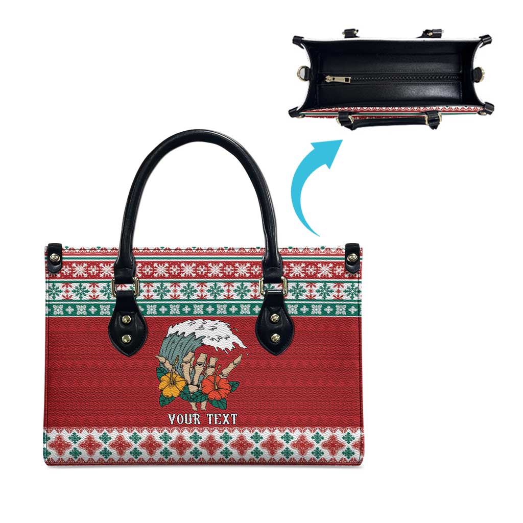 Shaka Sign Skull Mele Kalikimaka Personalized Leather Bag Hawaiian Quilt Pattern - Polynesian Pride