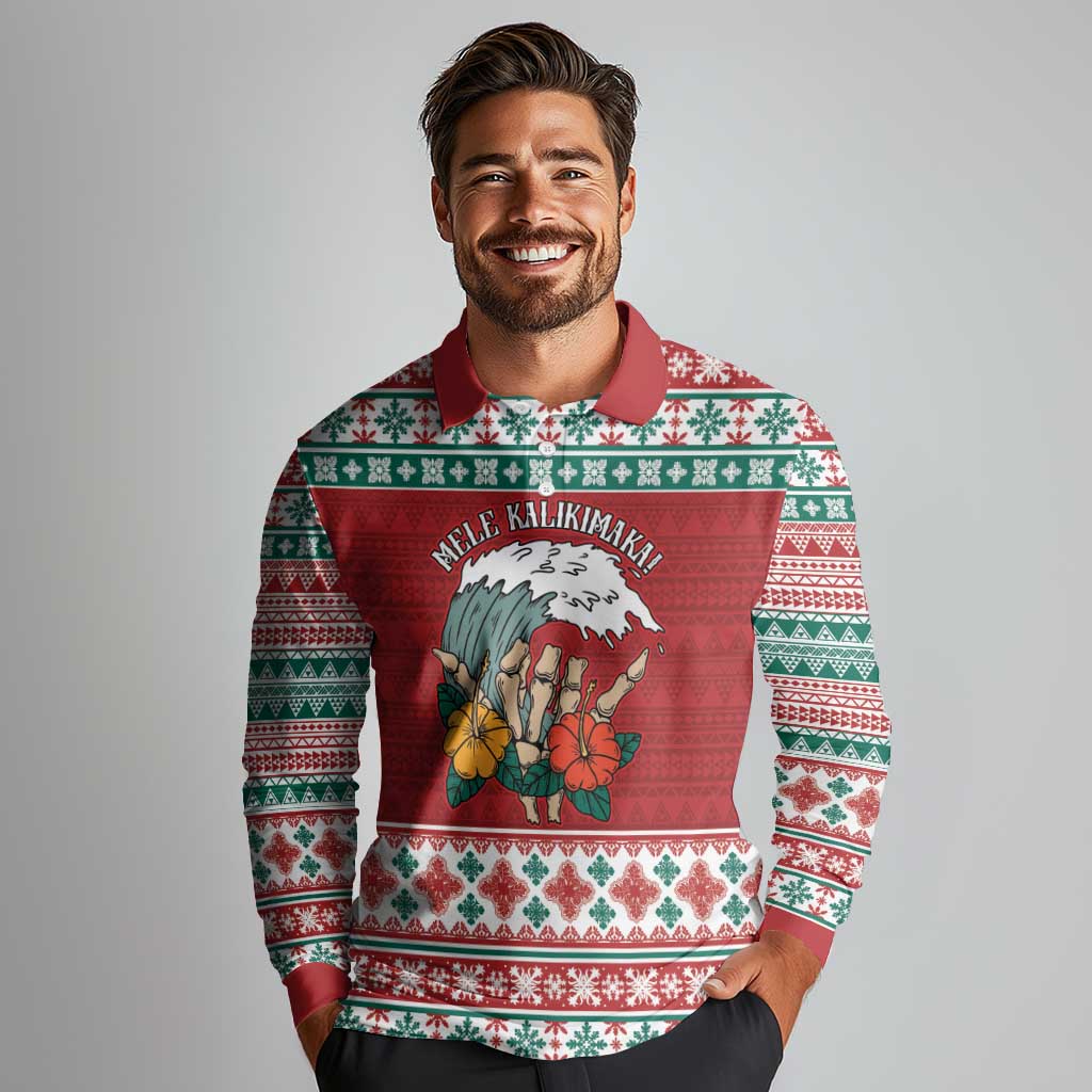 Shaka Sign Skull Mele Kalikimaka Personalized Long Sleeve Polo Shirt Hawaiian Quilt Pattern - Polynesian Pride