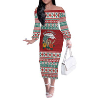 Shaka Sign Skull Mele Kalikimaka Personalized Off The Shoulder Long Sleeve Dress Hawaiian Quilt Pattern - Polynesian Pride