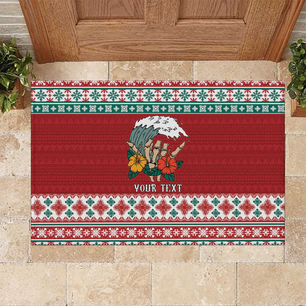 Shaka Sign Skull Mele Kalikimaka Personalized Rubber Doormat Hawaiian Quilt Pattern - Polynesian Pride