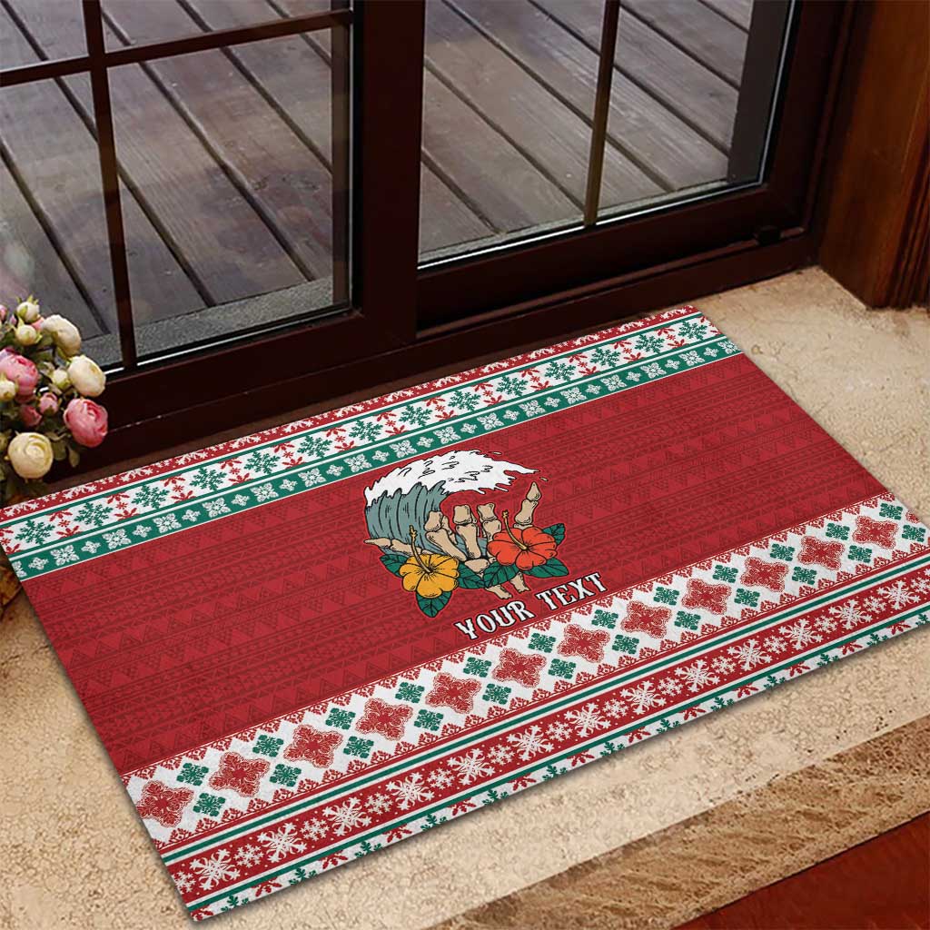 Shaka Sign Skull Mele Kalikimaka Personalized Rubber Doormat Hawaiian Quilt Pattern - Polynesian Pride