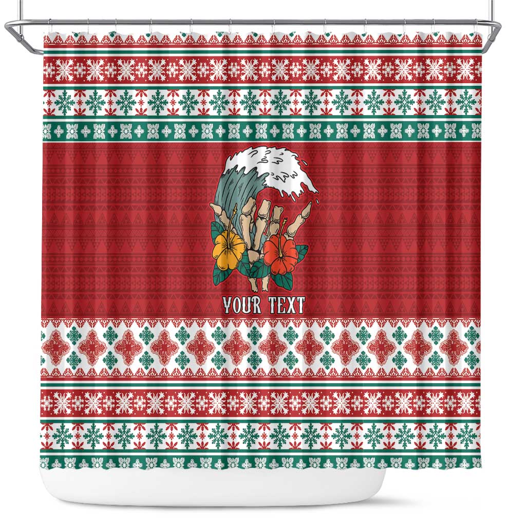Shaka Sign Skull Mele Kalikimaka Personalized Shower Curtain Hawaiian Quilt Pattern - Polynesian Pride