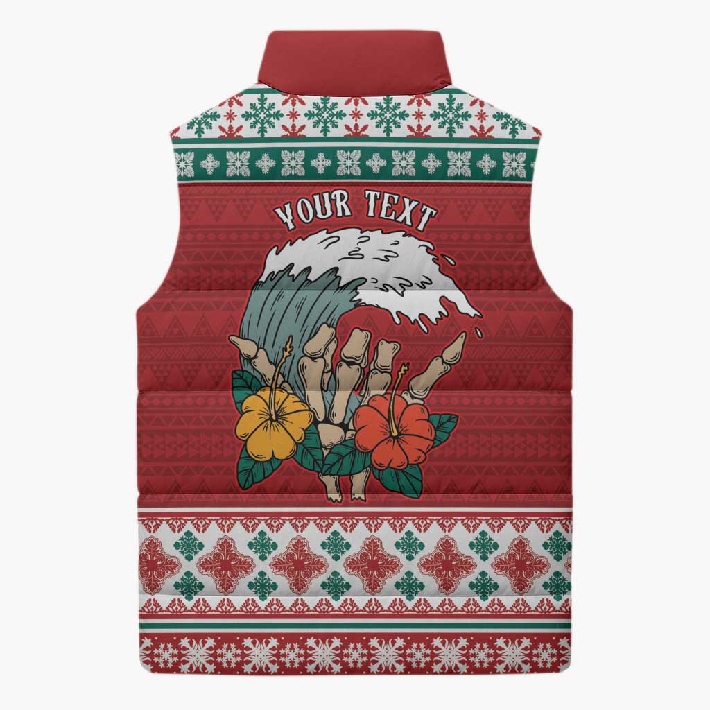 Shaka Sign Skull Mele Kalikimaka Personalized Sleeveless Puffer Jacket Hawaiian Quilt Pattern - Polynesian Pride