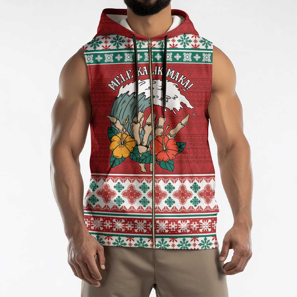 Shaka Sign Skull Mele Kalikimaka Personalized Sleeveless Zip Hoodie Hawaiian Quilt Pattern - Polynesian Pride