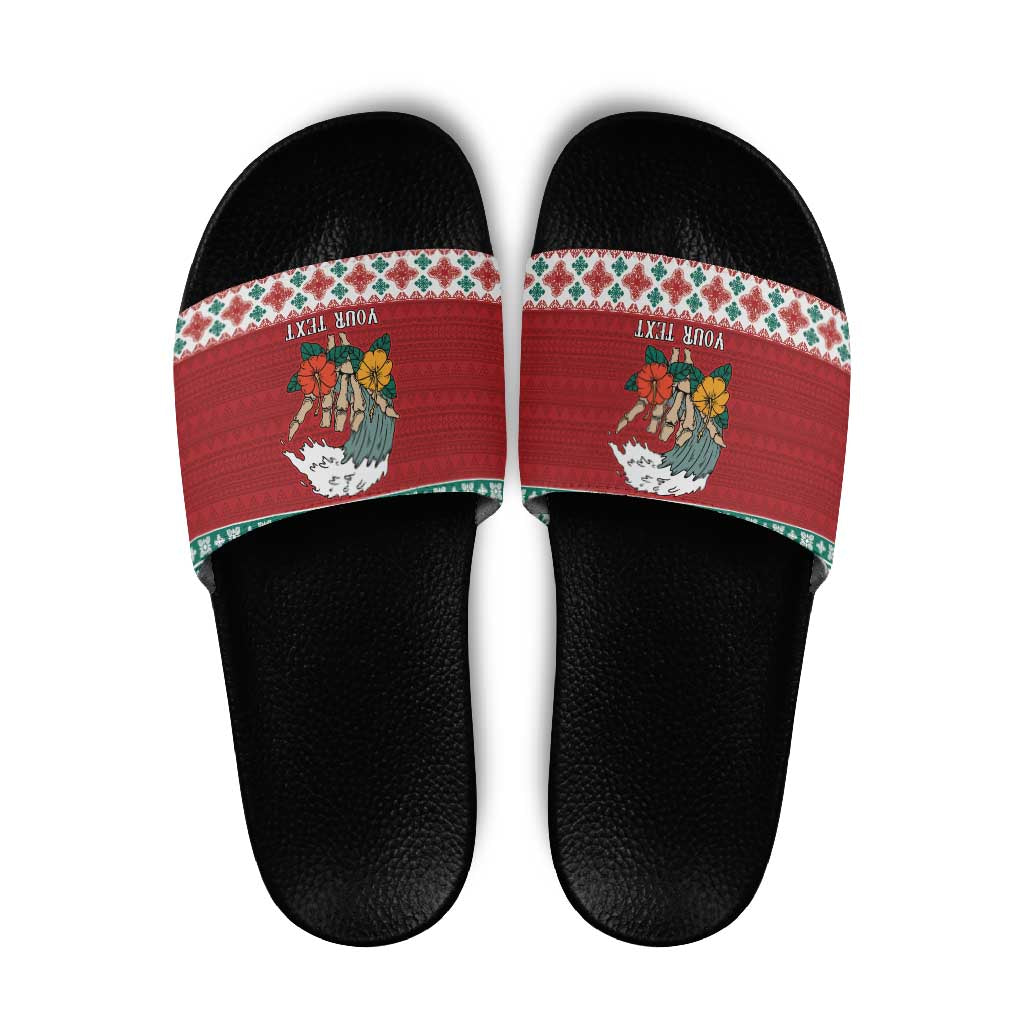 Shaka Sign Skull Mele Kalikimaka Personalized Slide Sandals Hawaiian Quilt Pattern - Polynesian Pride